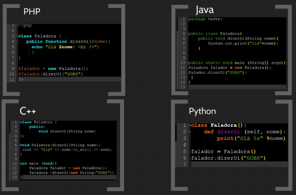 Código em 4 linguagens de programação (PHP, Java, C++ e Python) para executar o mesmo procedimento.